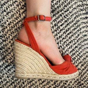 Castañer Espadrille Wedges in Coral Red Canvas Knot Detail in Size 38 US 6.5